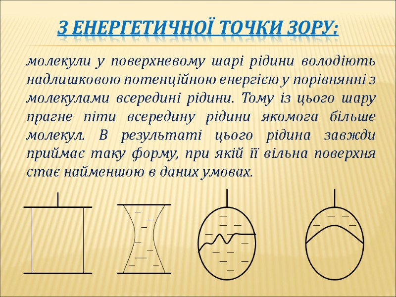 З енергетичної точки зору:     молекули у поверхневому шарі рідини володіють